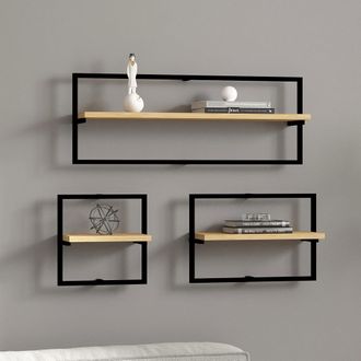 Dmora Estante Gandosso, 3 Niveles, Set De 3 Estantes, Estructura Negra, 80x20x30h Cm Roble Marr&oacute;n
