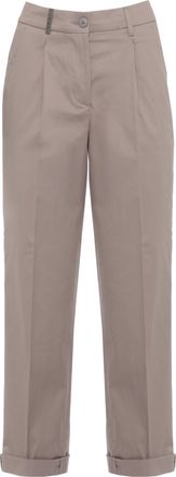 PESERICO Brown Cotton Embellished Straight-Leg Pants
