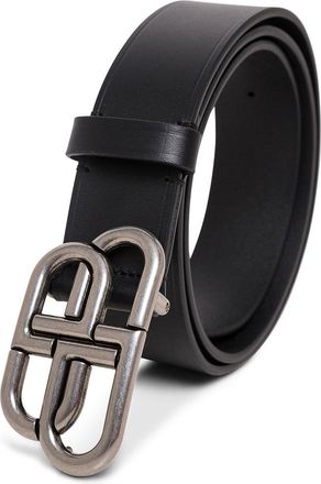 Balenciaga Mens Belt With Bb Buckle, Black Leather Calf