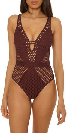 BECCA by Rebecca Virtue Castaway Fishnet Plunge One-Piece Swimsuit in Brown at Nordstrom, Size Medium