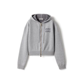 Miu Miu Double Cashmere Zipper Hoodie Cardigan, Woman, Grey, Size 36