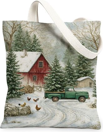 Generic Winter Rustic Canvas Tote Bags, Vintage Farmhouse Nature Scene Reusable Grocery Bags, Lightweight Washable Shoulder Strap C, Green, 13x15 Inch