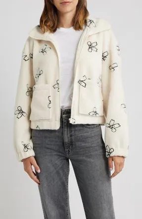 Thread & Supply Bow Embroidery High Pile Fleece Jacket in Ivory Black Combo at Nordstrom Rack, Size X-Large