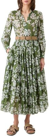 Akris Papercut Flower Long Sleeve Belted Cotton Muslin Tiered Maxi Dress in Green Tea-Cream-Olive at Nordstrom, Size 10