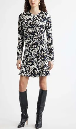 Nordstrom Side Twist Long Sleeve Minidress in Navy- Tan Graphic Blocks at Nordstrom, Size Xx-Large