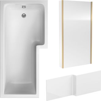 Balterley L Shape 1700x850 Shower Bath Set - Panel & Brass Return Screen RH in White