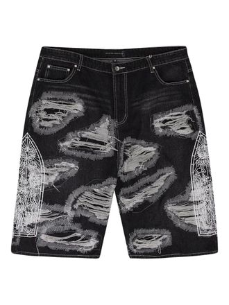 Who Decides War by Ev Bravado Darning denim shorts met borduurwerk - Zwart