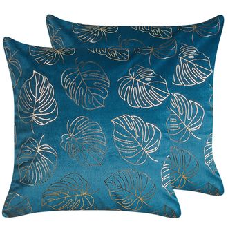 Beliani Conjunto De 2 Cojines De Terciopelo Azul Dorado 45 X 45 Cm Patr&oacute;n Hojas Deliciosa