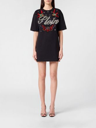 Philipp Plein Sheath Mini Dress with Rhinestone Logo and U-Back Neckline