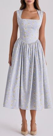 House of CB Emmy Floral Print Cotton Midi Sundress in Blue Wildflower at Nordstrom, Size X-Small