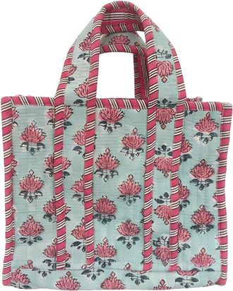 Generic Quilted Cotton Tote Bag with Hand-Block Floral Print | Lightweight Multipurpose Carry Bag for Women | Soft Fabric Shopping & Travel Handbag (Blue-Pink