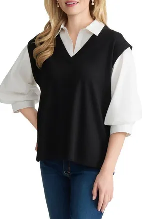 Jones New York Drop Shoulder Twofer Top in Jones Black/natural White at Nordstrom, Size X-Large