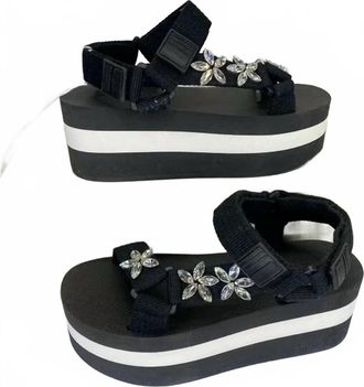 Marni Womens Crystal-Embellished Grosgrain Platform Sandals In Black