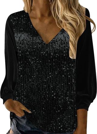 Generic Sequin Top for Women UK Fashion Ladies Sparkly Top Casual V-Neck Tie Long Sleeve Glitter Shirt Loose Sparkle Tops Party Cocktail Ruched Blouses Shiny 