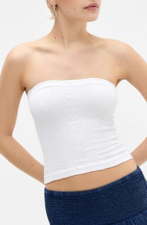 BDG Floral Knit Crop Bandeau Top in White at Nordstrom, Size X-Large