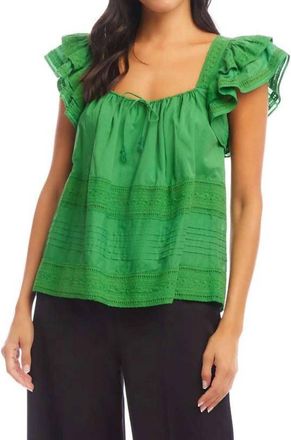 Karen Kane Embroidered Ruffle Sleeve Blouse In Green
