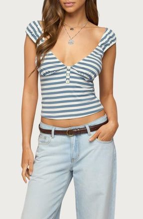 Edikted Aina Stripe V-Neck Henley Top in Blue-And-White at Nordstrom, Size X-Small