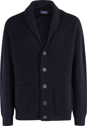 Drumohr Blue Shawl Collar Ribbed Knit Virgin Wool Cardigan