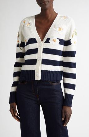 Oscar De La Renta Embroidered Orchid Stripe Wool Cardigan in Navy/Ivory at Nordstrom, Size X-Small