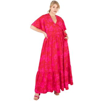 Lovedrobe Womens Maxi Dress for Plus Size Ladies V Neck Faux Wrap Short Sleeve Flutter Tropical Ruffle with Pockets for Summer Fuchsia Pink Size 26