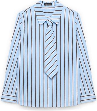 Fiorella Rubino Gestreept overhemd met strik - Dames - Overhemden - Blauw - 3XL - Katoen - Overhemden