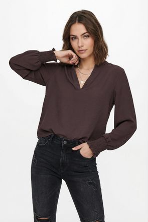 Only Blusenshirt ONLY ONLMETTE V-NECK LS SMOCK TOP NOOS WVN, Damen, Gr. XS, decadent chocolate, Web, Obermaterial: 100% Polyester, unifarben, regular fit n