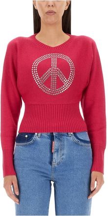Moschino Vredessymbool gebreide trui met kettingdetail - Dames - Ronde hals truien - Roze - XS - Truien & Vesten