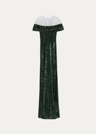 Naeem Khan Off-The-Shoulder Sequined Illusion Gown