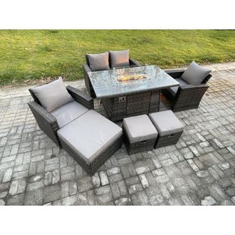 Fimous 7 Seater Outdoor Rattan Sofa Set Garden Furniture Gas Firepit Dining Table Heater with 3 Footstools Dark Grey Mixed - Fimous