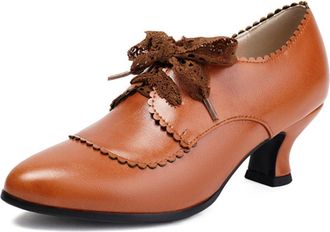 Generic Womens PU Leather Lace-Up Pumps Pointed Toe Low Stiletto Heel Scalloped Edge Lace Bow Decoration Soft Lining Reinforced Stitching Stylish Shoes,Brown,
