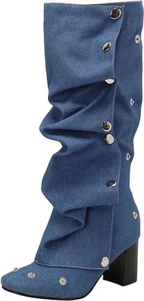 Generic Womens Knee High Boots Pleated Design Long Heel Casual Vintage Style Booties