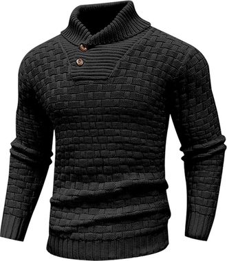 Generic Mens Winter Jumpers Warm Knitted Stand Collar Jumper Long Sleeve Knitwear Pullover Sweaters for Men Buttons Twisted Winter Tops (Black, L)