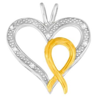 House of Brilliance Silver Two Toned 1/25 cttw Diamond Heart-Ribbon Pendant Necklace in Yellow at Nordstrom