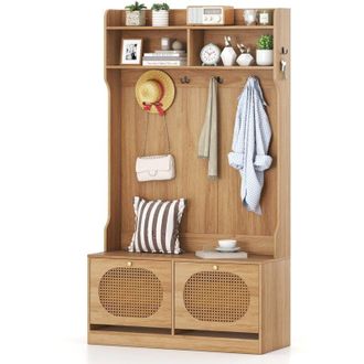 Costway 4 in 1 Stand Appendiabiti da Terra, Panchina con Appendiabiti e Cassetti a Ribalta, Attaccapanni da Ingresso con 6 Ganci Doppi e Ante, Ideale