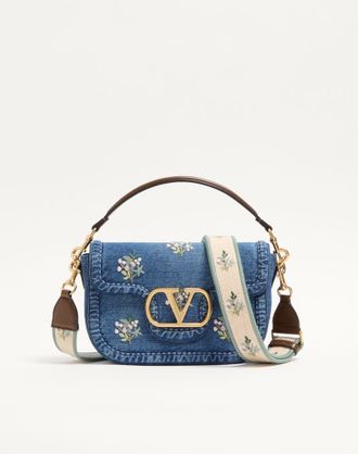 Valentino Garavani Valentino Garavani Alltime Medium Shoulder Bag In Embroidered Denim With Embroidered Ribbon Strap Woman DENIM UNI