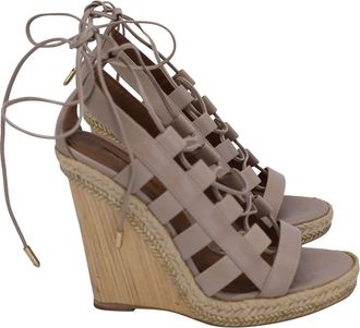 Aquazzura Lace-Up Amazon Wedge Sandals in Beige Calfskin Leather