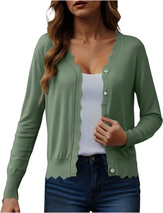 Generic Cardigan Buttons for Women UK v Neck Lightweight Tops Short Solid Color Thin Knitted Cardigan for Women Casual Shrugs Scalloped Edge Cardigans
