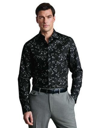 CHARLES TYRWHITT Non-Iron Stretch Floral Print Shirt in Black at Nordstrom, Size 16.5 - 36