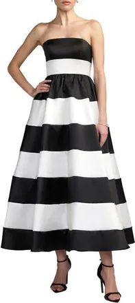 Mac Duggal Strapless Mikado Striped Midi Dress With Pockets in Black Ivory at Nordstrom, Size 12