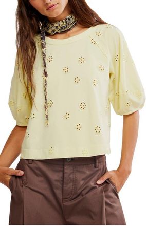 Free People Jessie Eyelet Puff Sleeve Top in Lemon Water Combo at Nordstrom, Size X-Small
