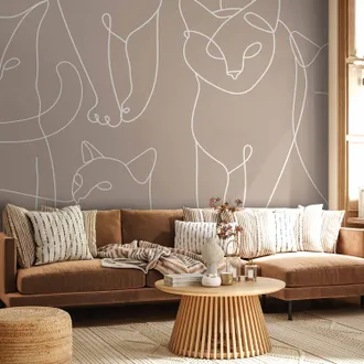 OEM Carta Da Parati - Cat Lineart - Schizzi Minimalisti Di Gatti Bianchi Su Sfondo Beige