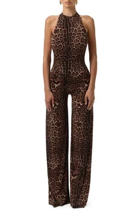 Naked Wardrobe Leopard Print Wide Leg Halter Jumpsuit in Brown Leopard at Nordstrom, Size Medium