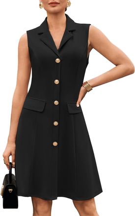 Grace Karin Womens Elegant Sleeveless Dresses Summer Lapel Collar Solid Color A-Line Casual Formal Dresses S Black