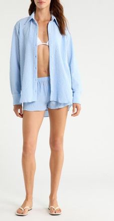 Hunza G Seersucker Button-Up Top in Cornflower at Nordstrom, Size Large/x-Large