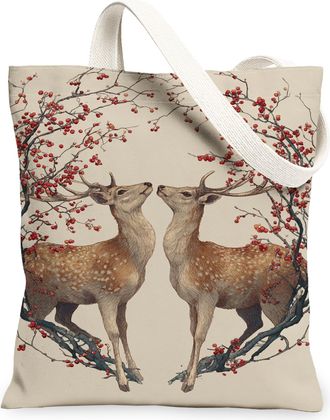 Generic Winter Deer Canvas Tote Bags, Rustic Animal Print Reusable Grocery Bags, Vintage Floral Lightweight Washable Shoulder Strap, Beige, 13x15 Inch