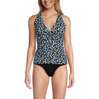 Lands End D-Cup V-Neck Plunge X Back Tankini Top in Navy Mini Bloom Floral at Nordstrom, Size X-Large