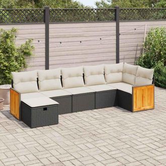 vidaXL Vidaxl - Set De Sof&aacute;s De Jard&iacute;n 7 Pzas Con Cojines Rat&aacute;n Sint&eacute;tico Negro