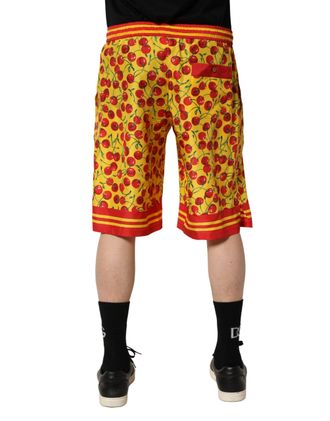 Dolce & Gabbana Mens Yellow Red Cherry Print Silk Bermuda Shorts