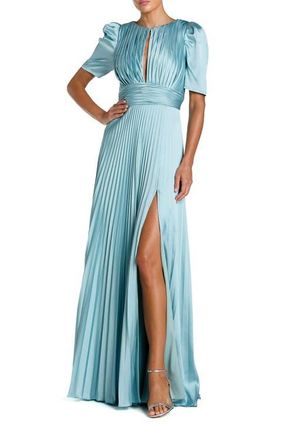 Mac Duggal Pleated Charmeuse Puff Sleeve Evening Gown With Slit in French Blue at Nordstrom, Size 12