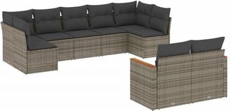 vidaXL Set De Muebles De Jard&iacute;n 9 Pzas Y Cojines Rat&aacute;n Sint&eacute;tico Gris Vidaxl